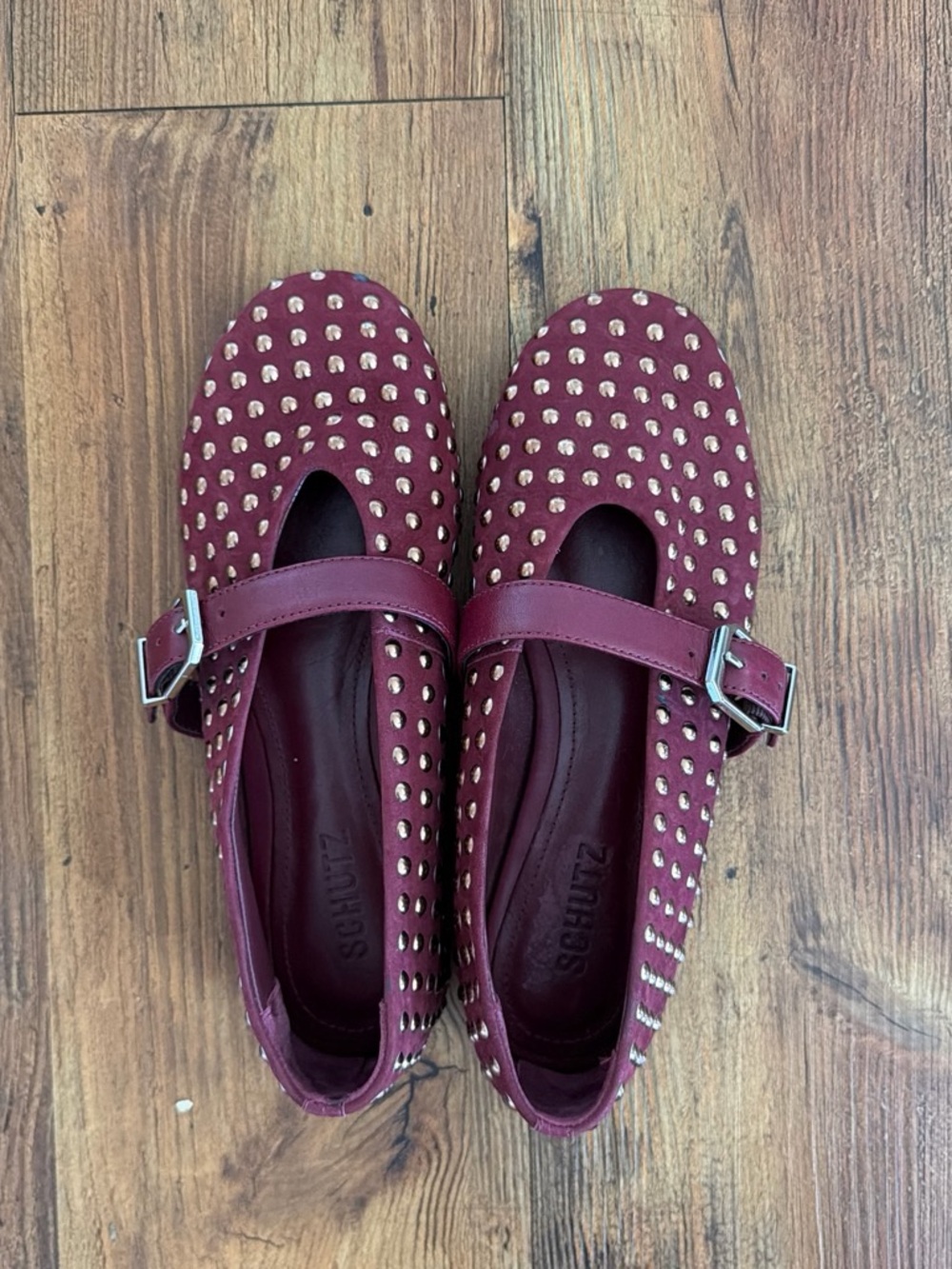 SCHUTZ Maroon Studded Mary Jane Flats